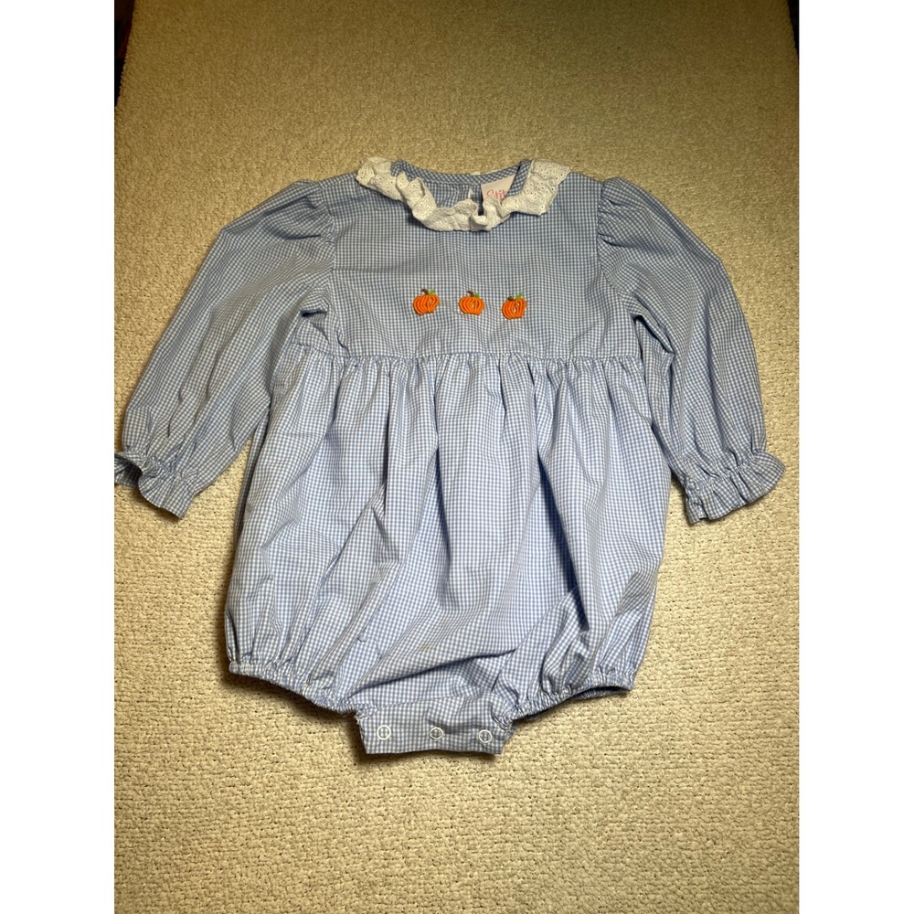 Stitchy Fish Girls Blue Gingham Pumpkin Embroidered Bubble Romper 24M Fall 2024